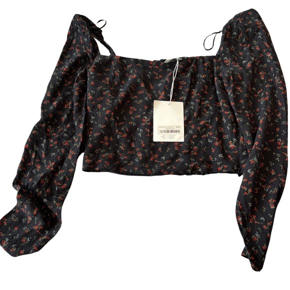 NWTO OAK + FORT Small‎ Black Floral Smocked milk maid crop top milkmaid coquette - Picture 9 of 9